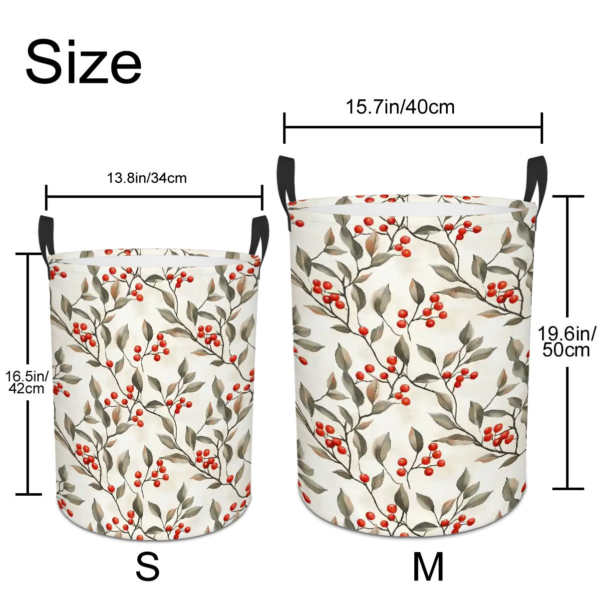 Two floral-patterned laundry baskets with measurements labeled.