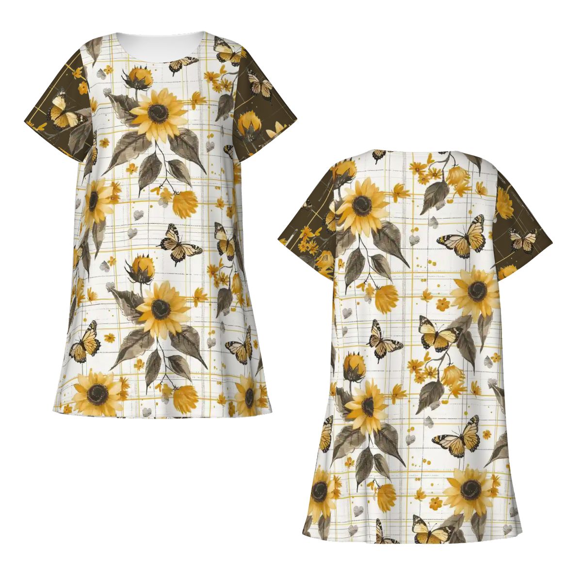 Sunflowers & Butterflies Plaid | Comfy Cotton-Feel Nightshirt Women’s Sleepwear – Soft and Easy to Wear