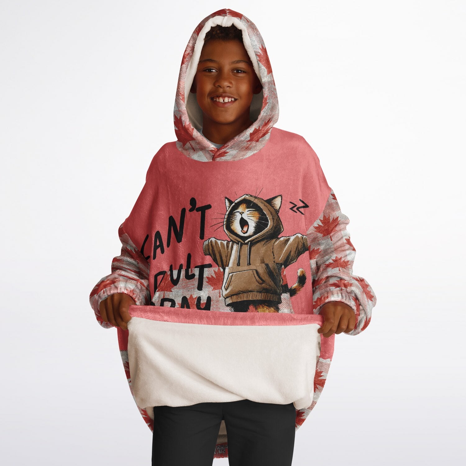Person wearing a pink & white hoodie with a graphic design on a white background