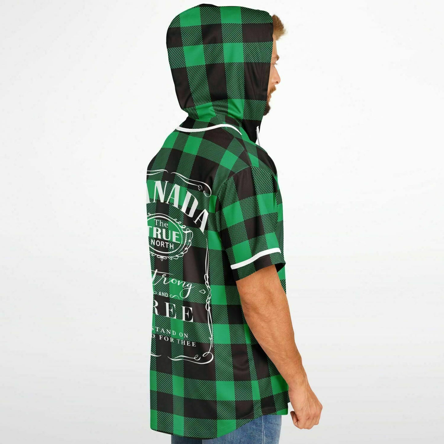 True North Strong & Free Green Plaid Hooded Baseball Jersey