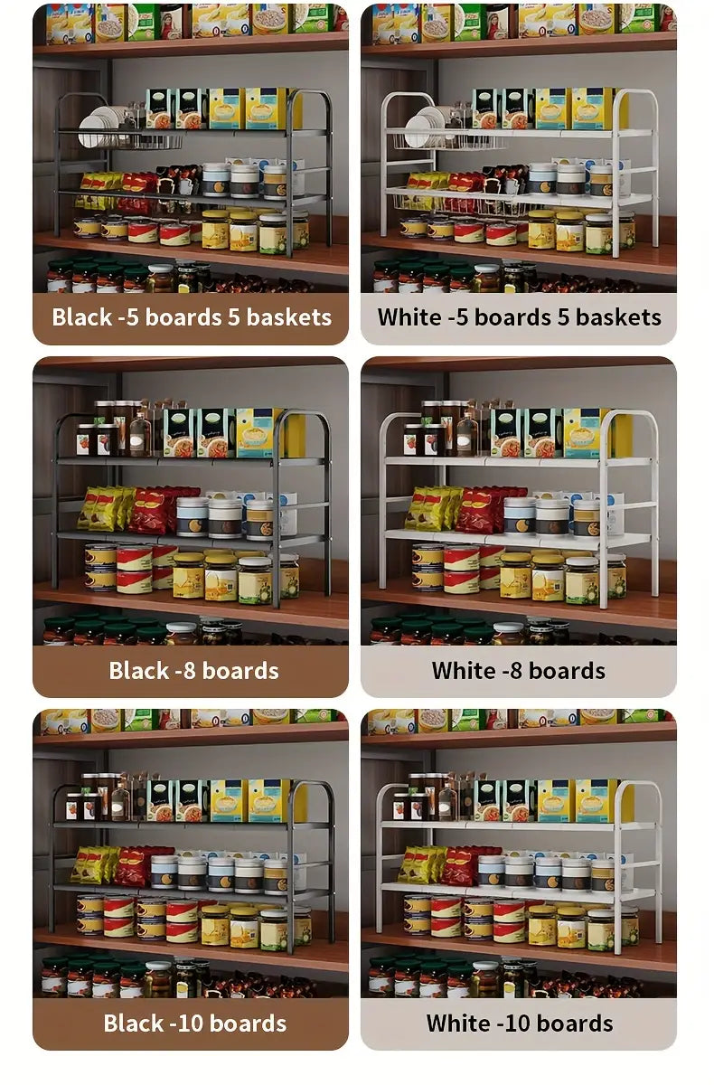 Comparison of black and white kitchen storage racks with various board and basket configurations.