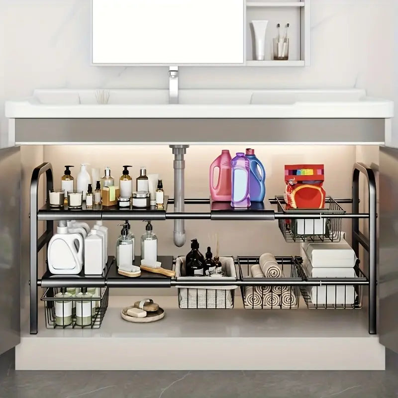 Adjustable Under-Sink Storage Rack | Multi-Layer Shelf - Space-Saving Organizer
