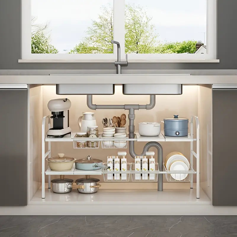 Adjustable Under-Sink Storage Rack | Multi-Layer Shelf - Space-Saving Organizer