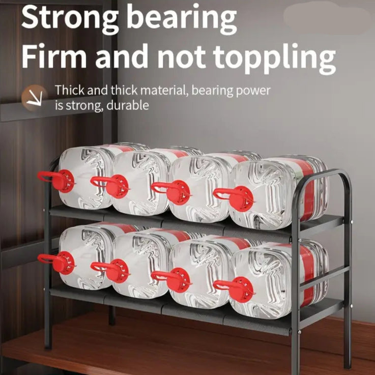 Metal storage shelf holding large water jugs with text highlighting its strength and durability.