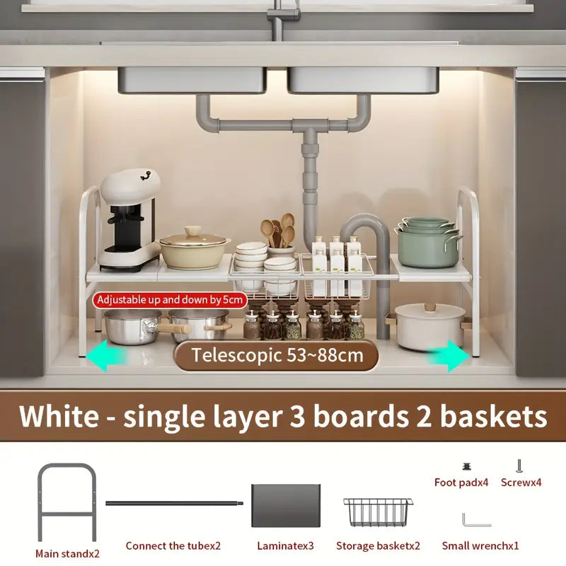 Under-cabinet organizer with adjustable shelves and baskets in a kitchen setting.