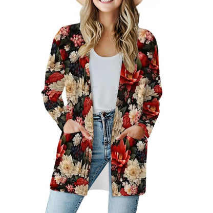 Wintery Florals - Women's Long-Sleeved Cardigan with Pockets - Soft, Stretchy & Stylish