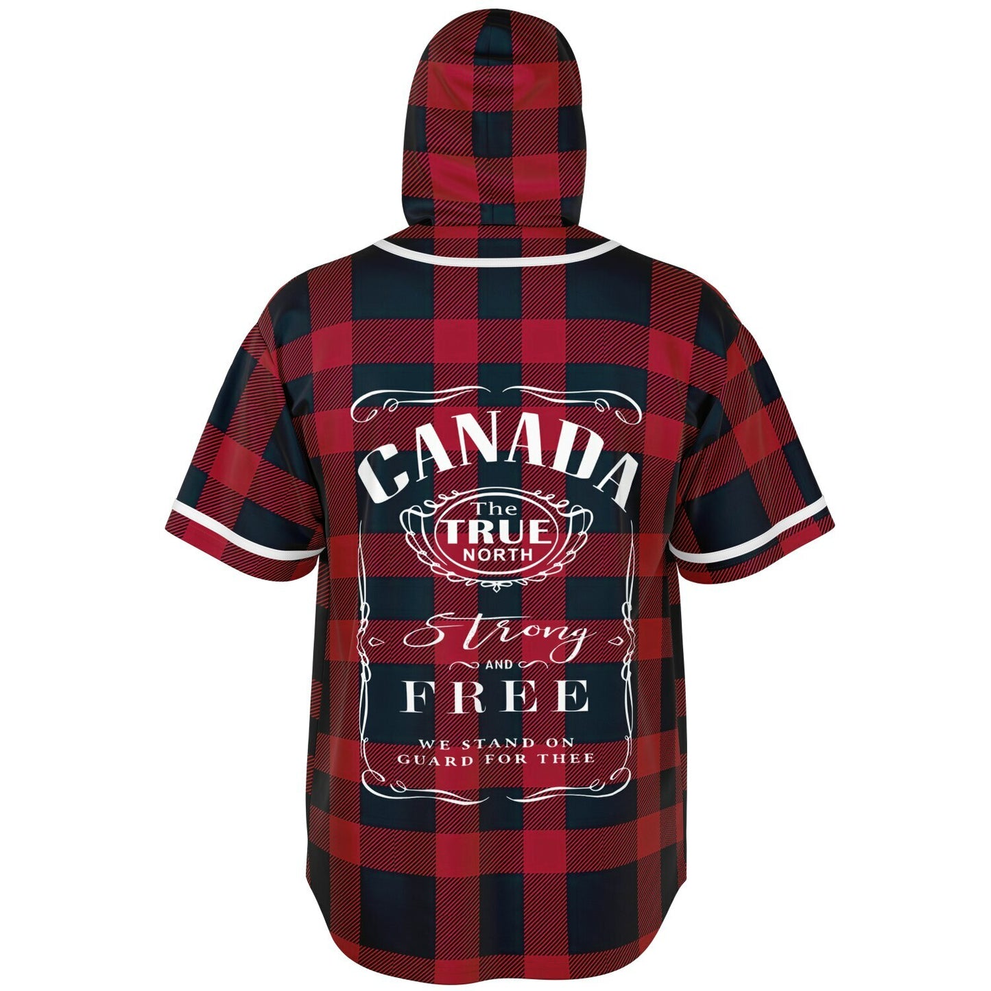 True North Strong and Free | Hooded Baseball Jersey - Red Plaid