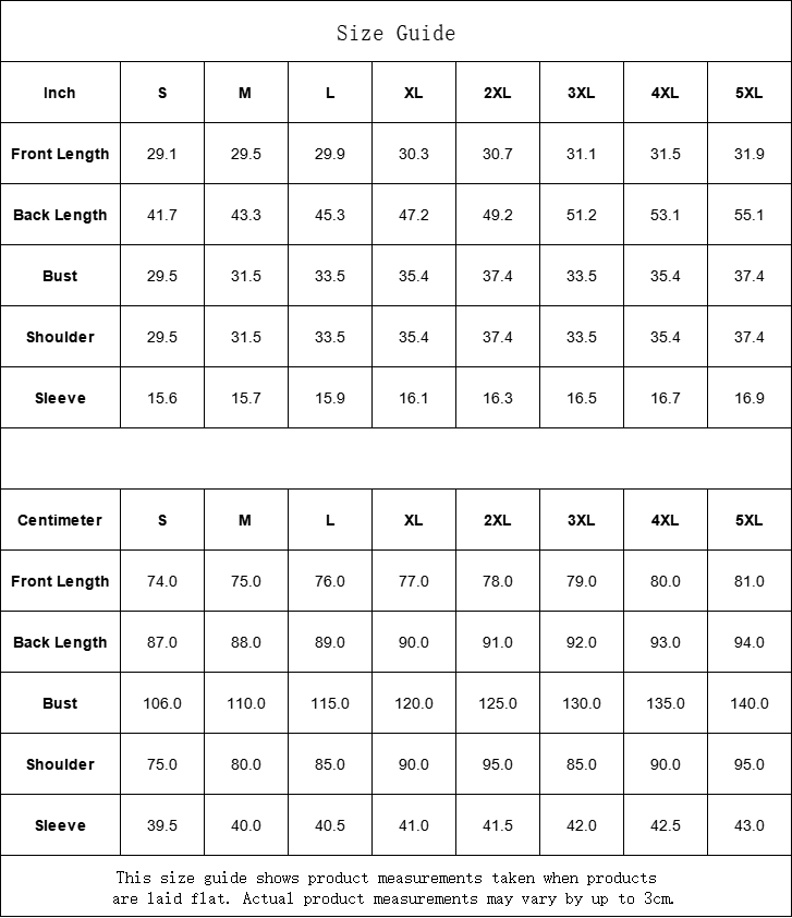 Size guide chart for clothing measurements in inches and centimeters.