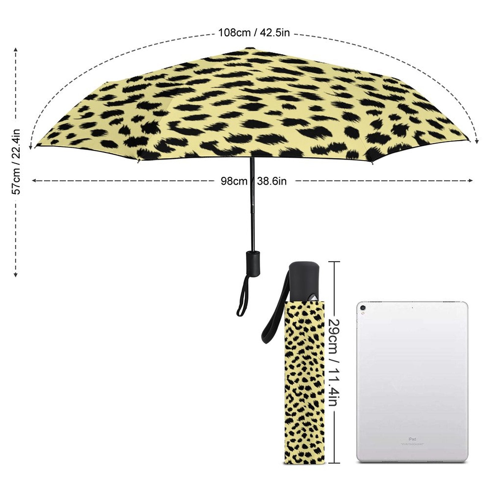 Leopard print umbrella with measurements on a white background