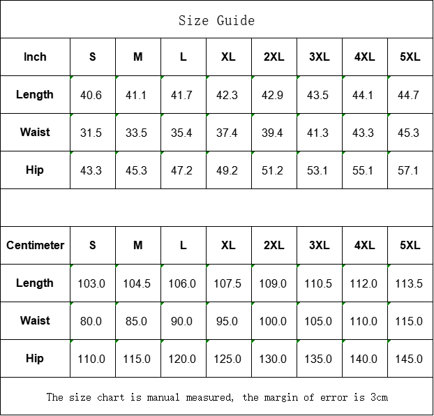 Size chart for clothing measurements in inches and centimeters