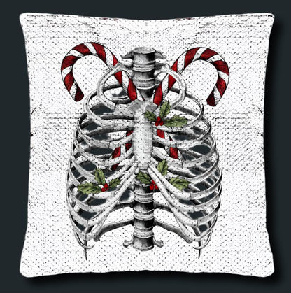 Candy Canes and Bones – Festive Goth Christmas Sequin Pillowcase – Soft, Durable, and Elegant Home Décor