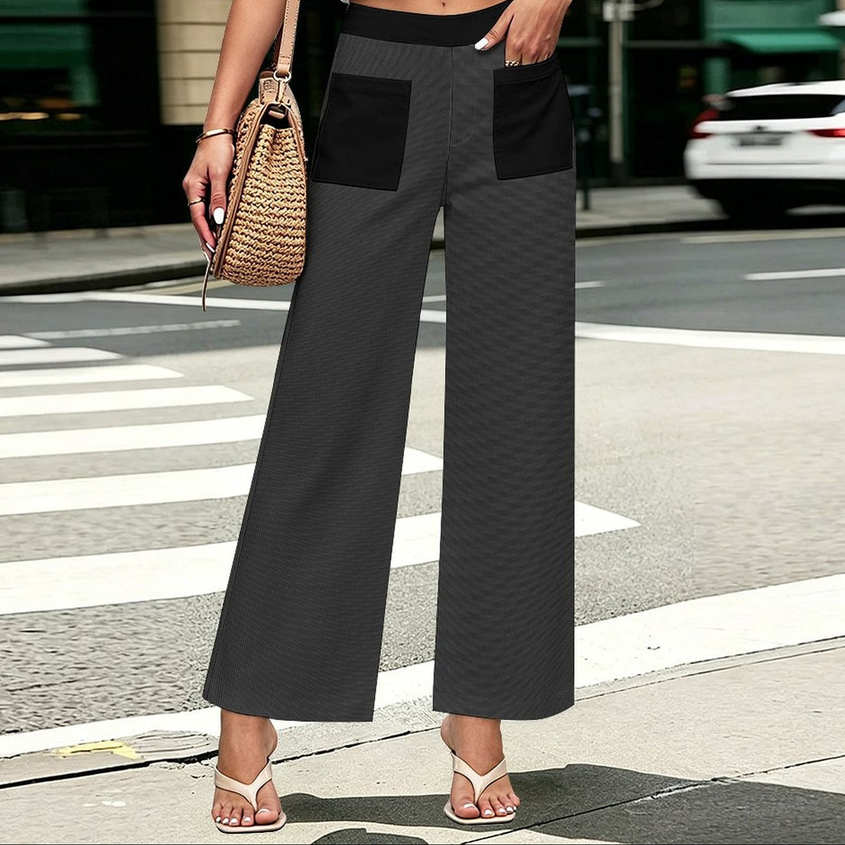 A person standing on a city crosswalk wearing dark charcoal wide-leg pants with contrasting black patch pockets and a black waistband, paired with a white crop top, beige sandals, and a woven shoulder bag.