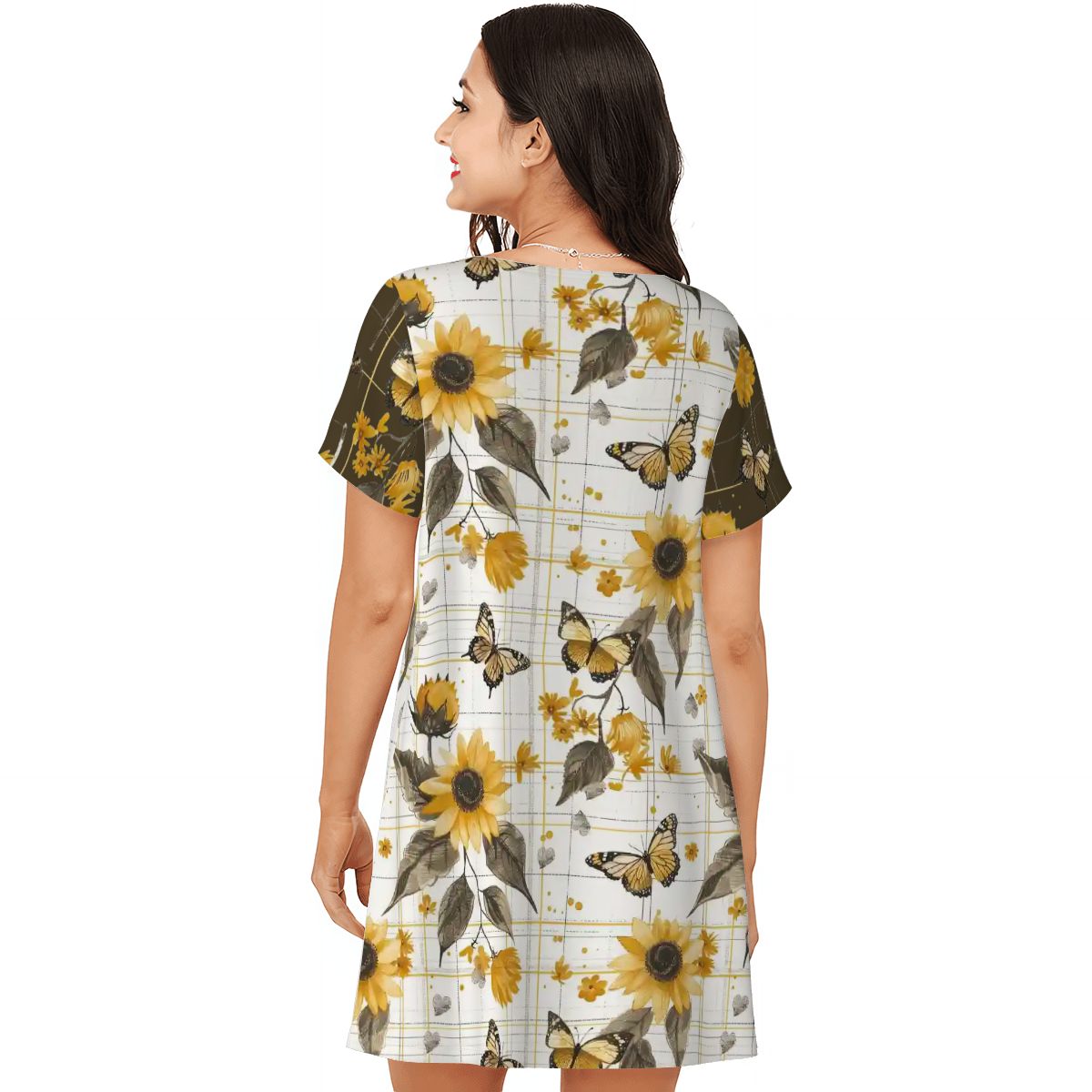 Sunflowers & Butterflies Plaid | Comfy Cotton-Feel Nightshirt Women’s Sleepwear – Soft and Easy to Wear