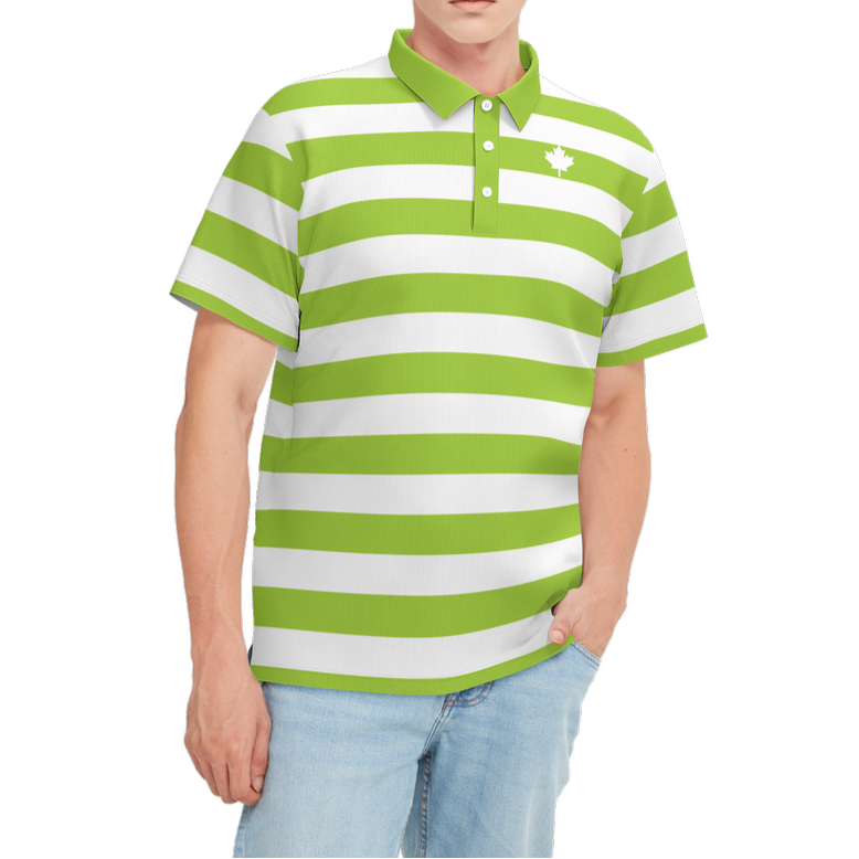 Person wearing a green and white striped polo shirt on a white background