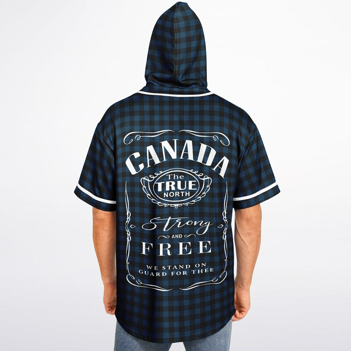 True North Strong and Free | Plaid Hooded Baseball Jersey - Navy