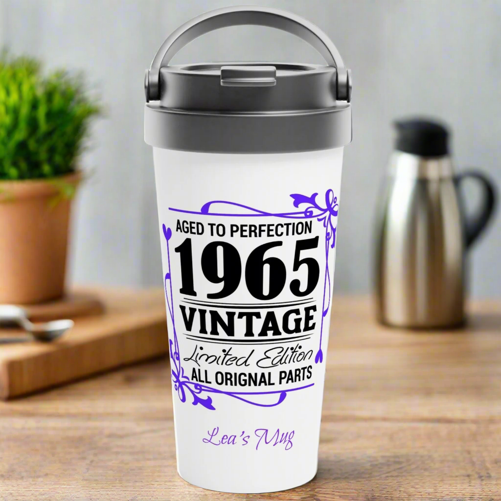 Aged to Perfection 1965 Vintage Personalizable White 15oz Stainless Steel Travel Mug