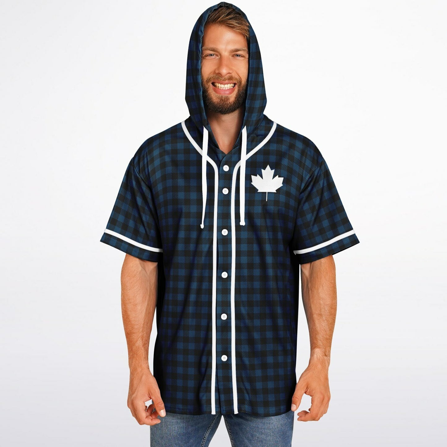 True North Strong and Free | Plaid Hooded Baseball Jersey - Navy