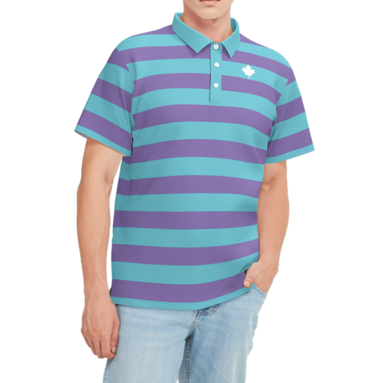 Man wearing a purple and teal striped polo shirt on a white background