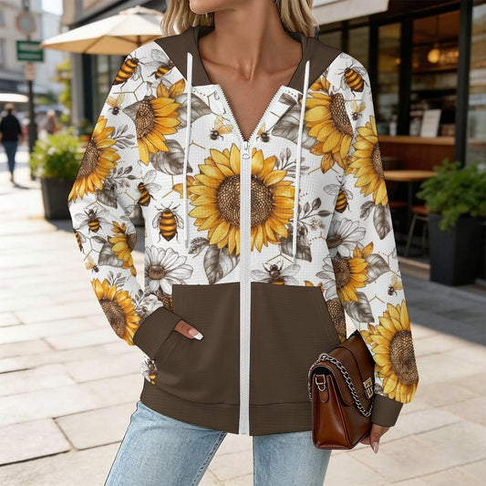 Sunflowers & Bees | Waffle Hoodie Zipper Sweater