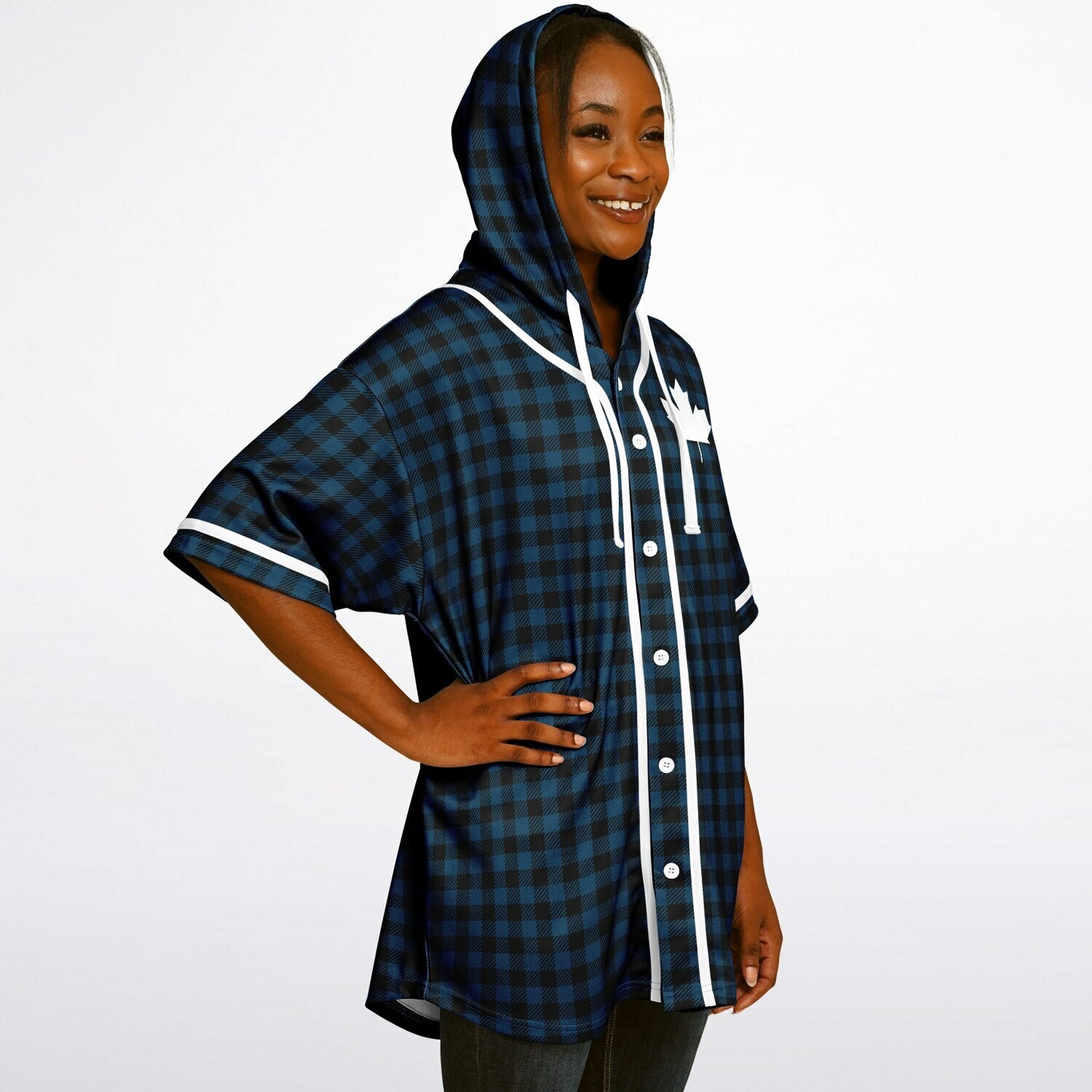 True North Strong and Free | Plaid Hooded Baseball Jersey - Navy