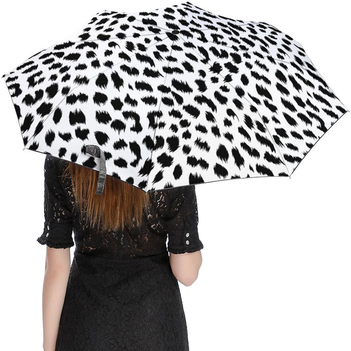 Person holding a black and white leopard print umbrella on a white background