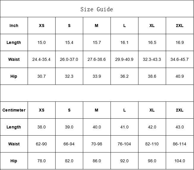 Size guide chart for clothing measurements in inches and centimeters.
