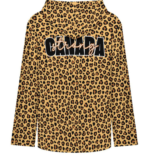 Back of a long-sleeved hoodie with a tan and black leopard print pattern, featuring the word 'CANADA' printed across the back in black block letters with a white outline and light script overlay saying 'strong'.