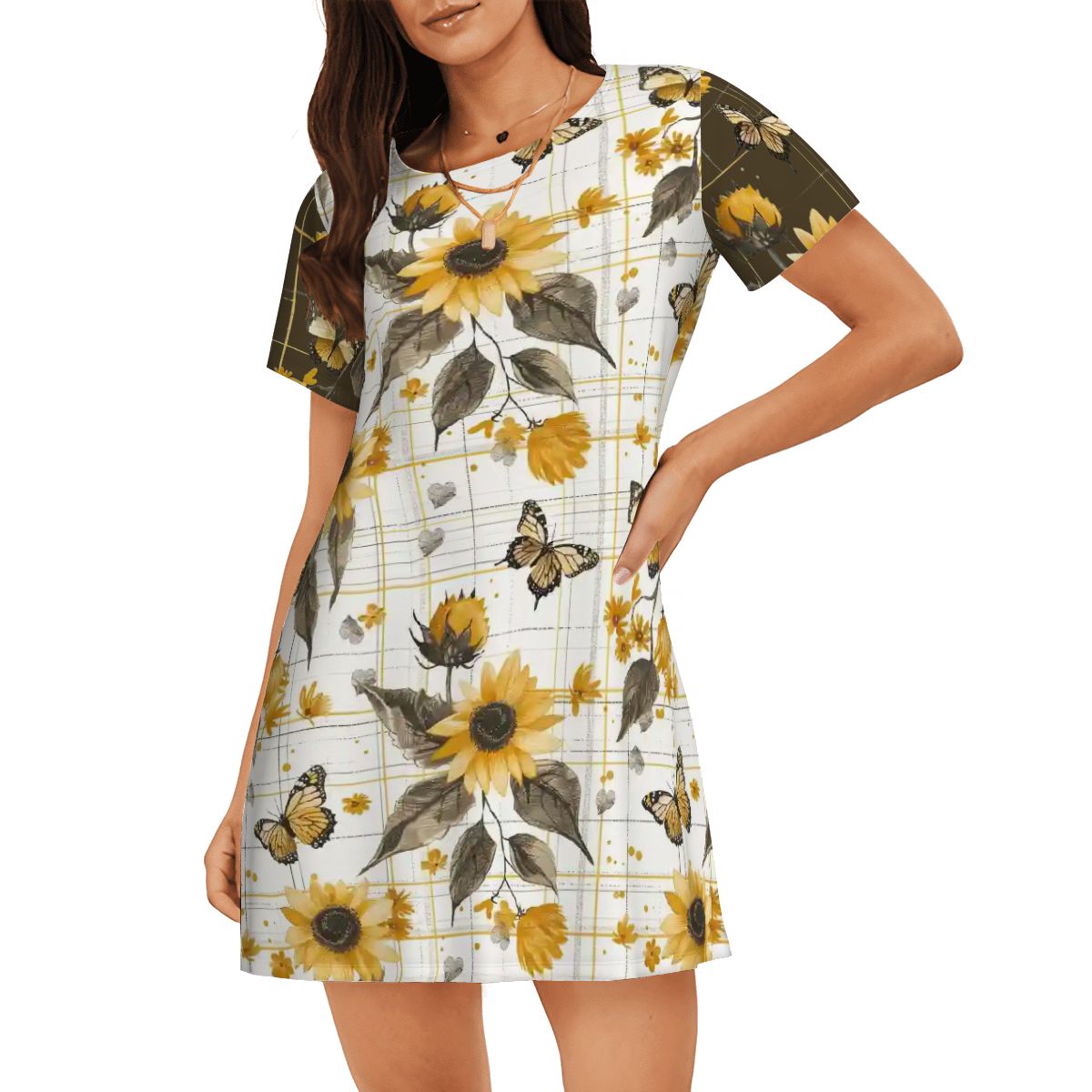 Sunflowers & Butterflies Plaid | Comfy Cotton-Feel Nightshirt Women’s Sleepwear – Soft and Easy to Wear