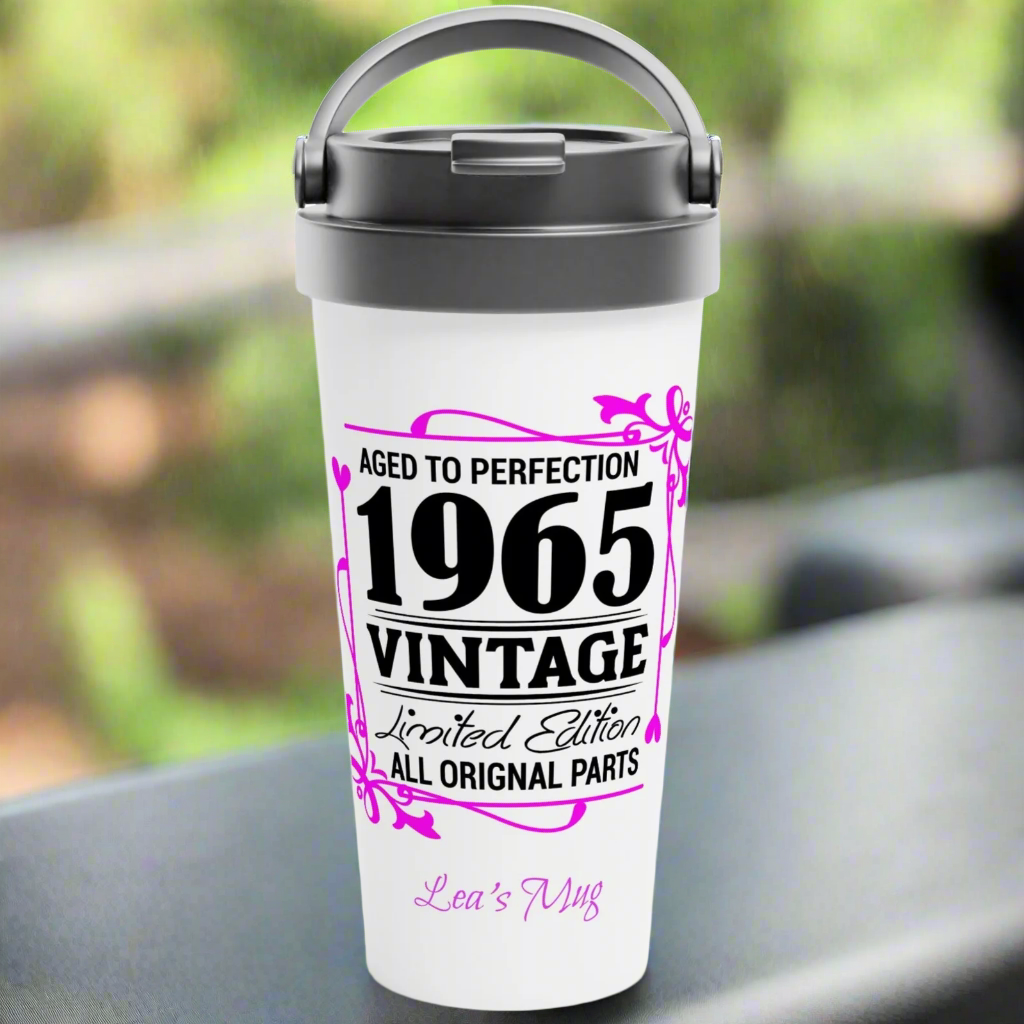 Aged to Perfection 1965 Vintage Personalizable White 15oz Stainless Steel Travel Mug