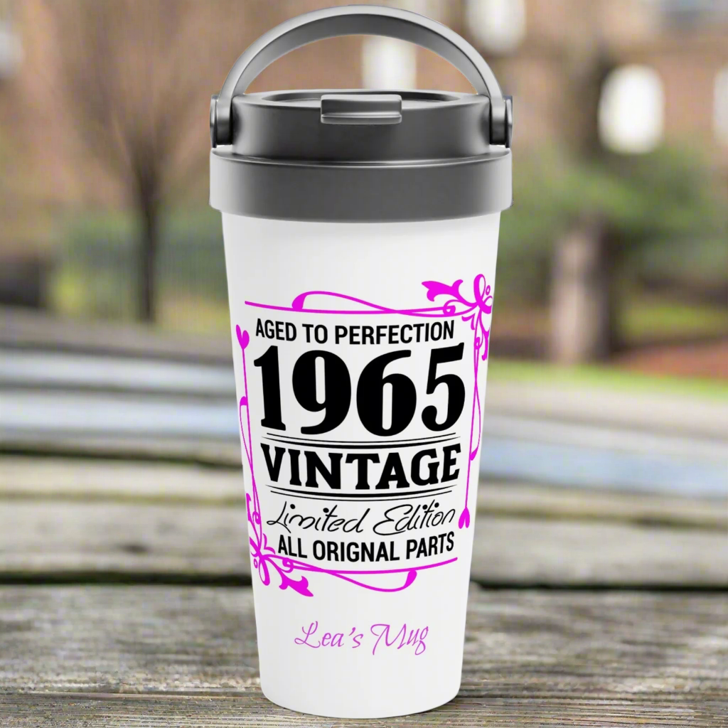 Aged to Perfection 1965 Vintage Personalizable White 15oz Stainless Steel Travel Mug