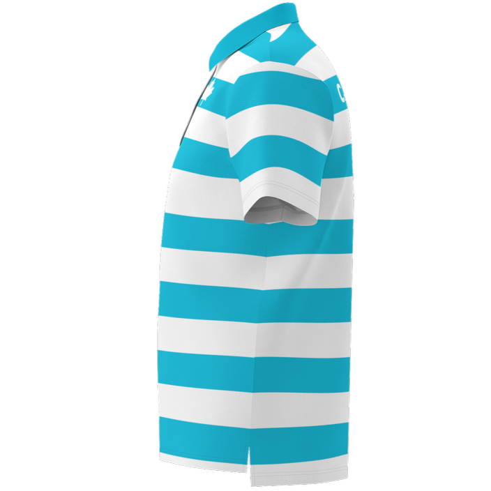 Blue and white striped polo shirt on a white background