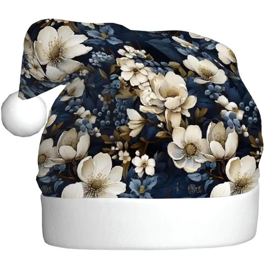 Luxury Navy and Cream Winter Floral Plush Santa Hat