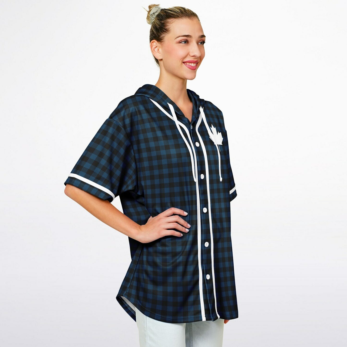 True North Strong and Free | Plaid Hooded Baseball Jersey - Navy