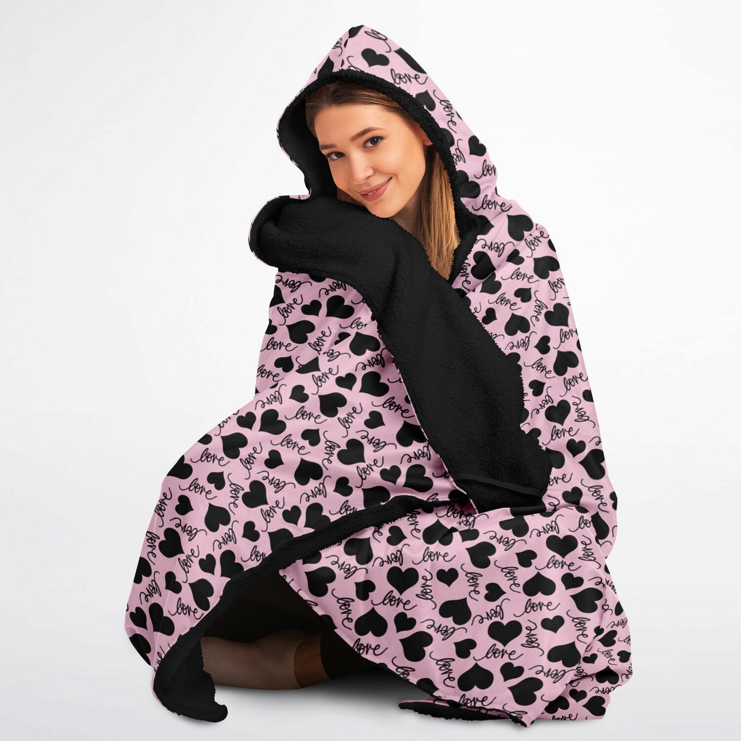 Love Pink & Black Hooded Blanket Micro Fleece - AOP