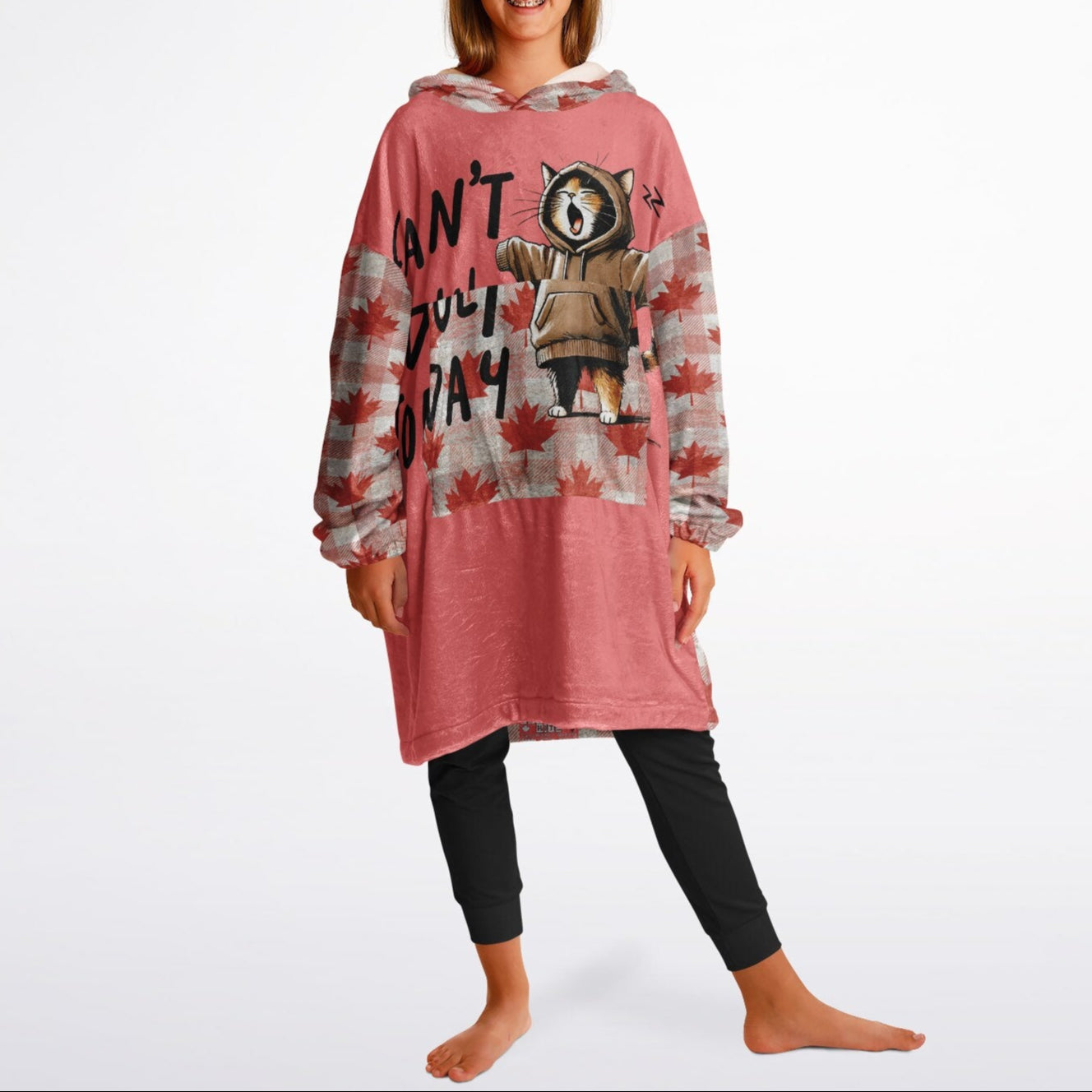 Person wearing a pink hoodie with a cat graphic and text on a white background