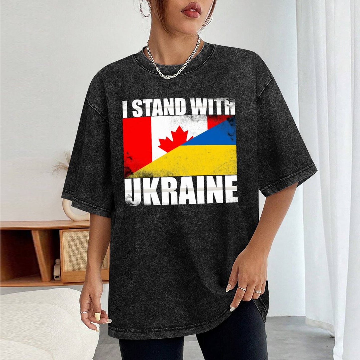 I Stand With Ukraine | Men's Stone Washed Vintage T-Shirt - Canada + Ukraine