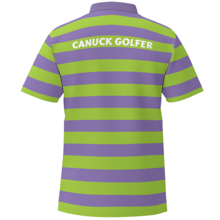 Green and purple striped polo shirt with 'Canuck Golfer' text on a white background