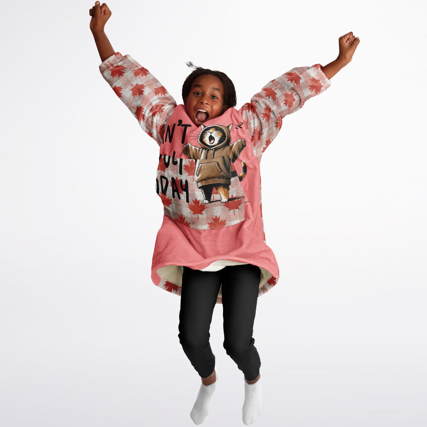 Child wearing a pink sweatshirt with a graphic design and text, jumping against a white background