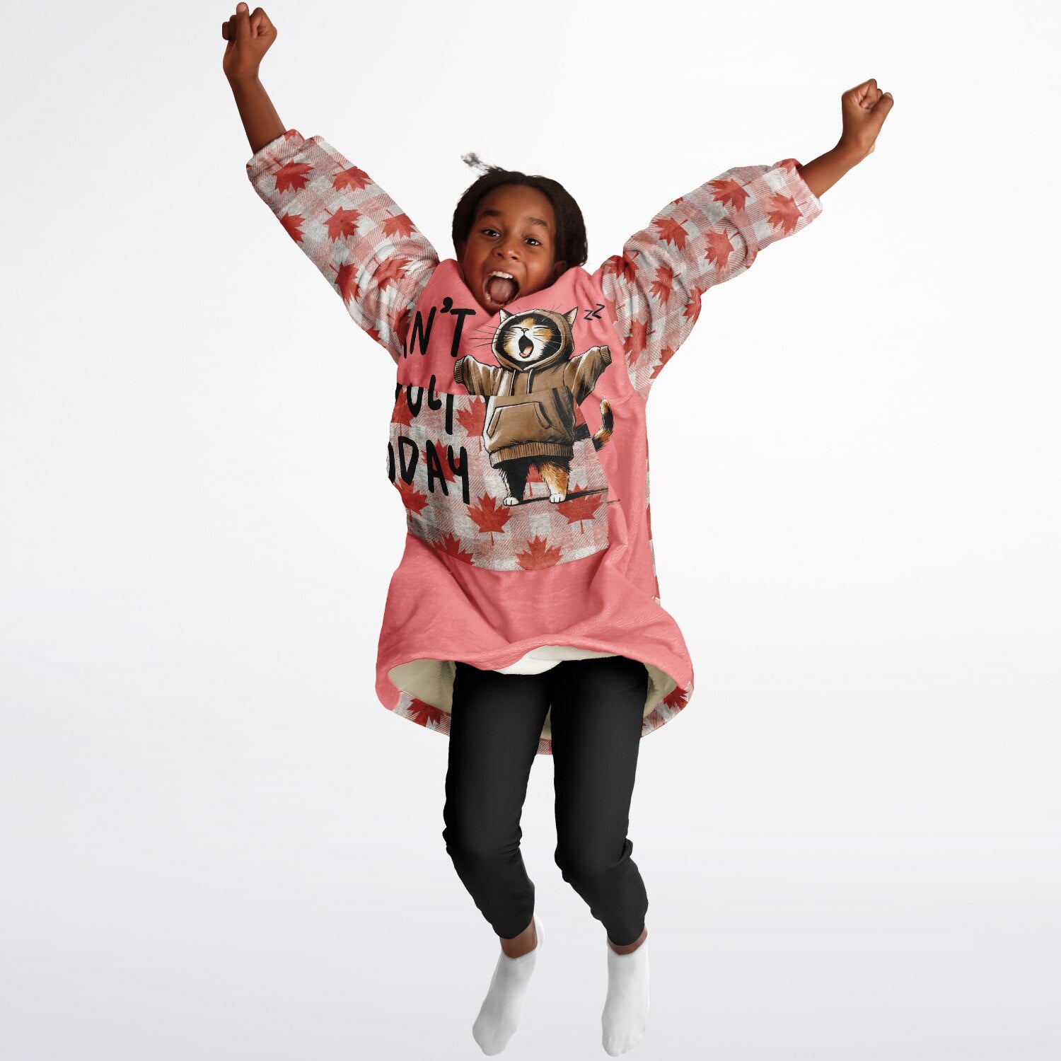 Child wearing a pink sweatshirt with a graphic design and text, jumping against a white background