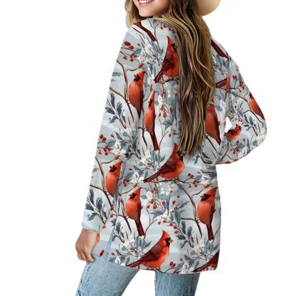 Winter Cardinals - Women's Long-Sleeved Cardigan with Pockets - Soft, Stretchy & Stylish