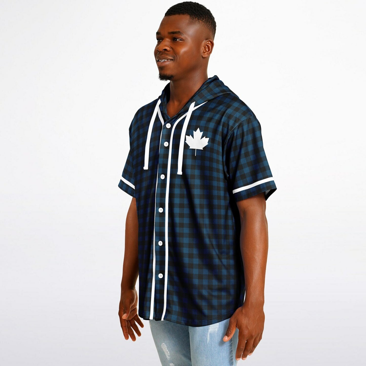 True North Strong and Free | Plaid Hooded Baseball Jersey - Navy
