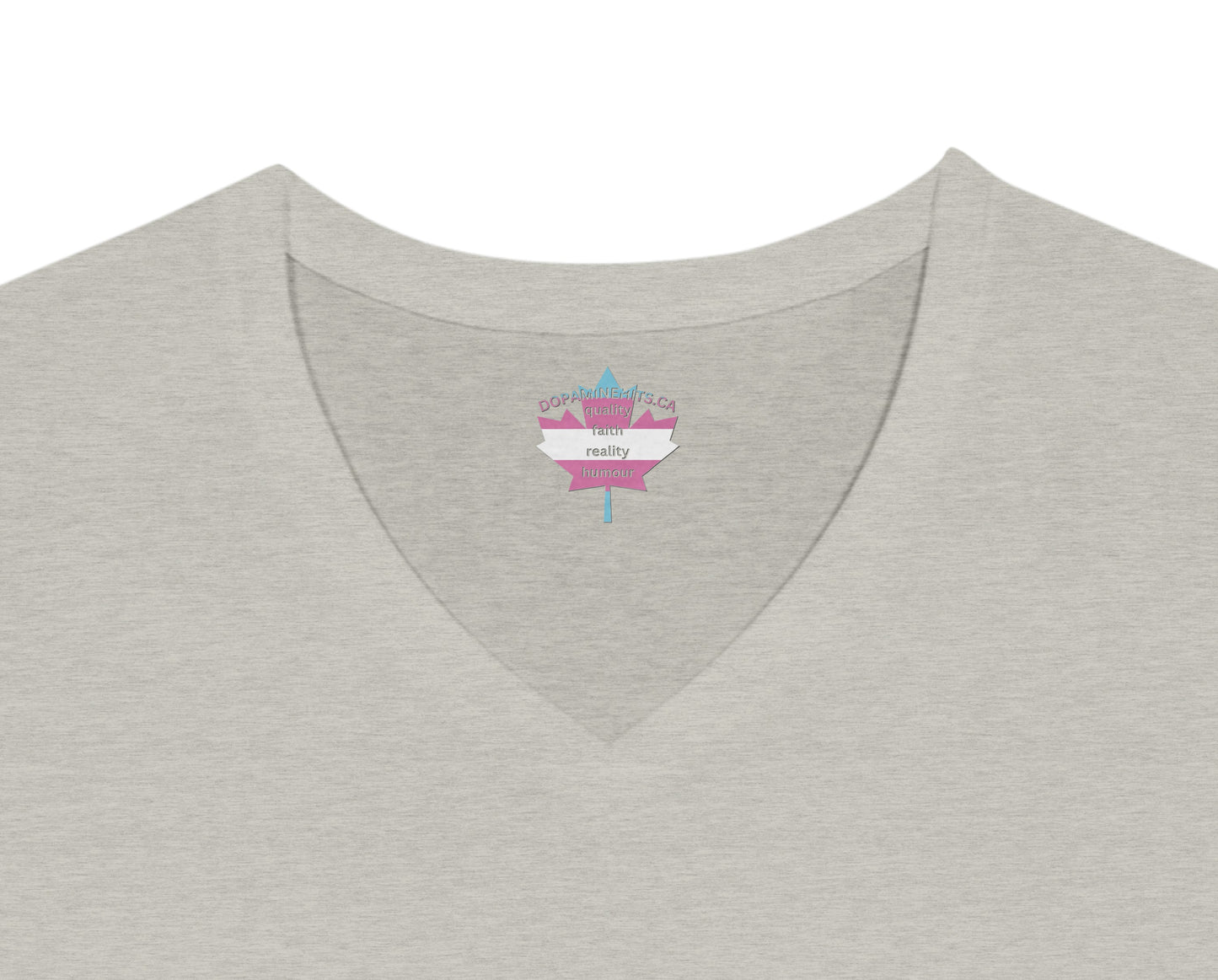 Gray V-neck shirt with a small logo on a white background