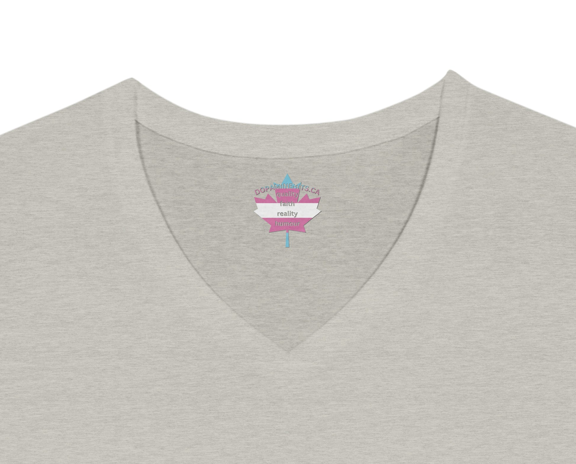 Gray V-neck shirt with a small logo on a white background