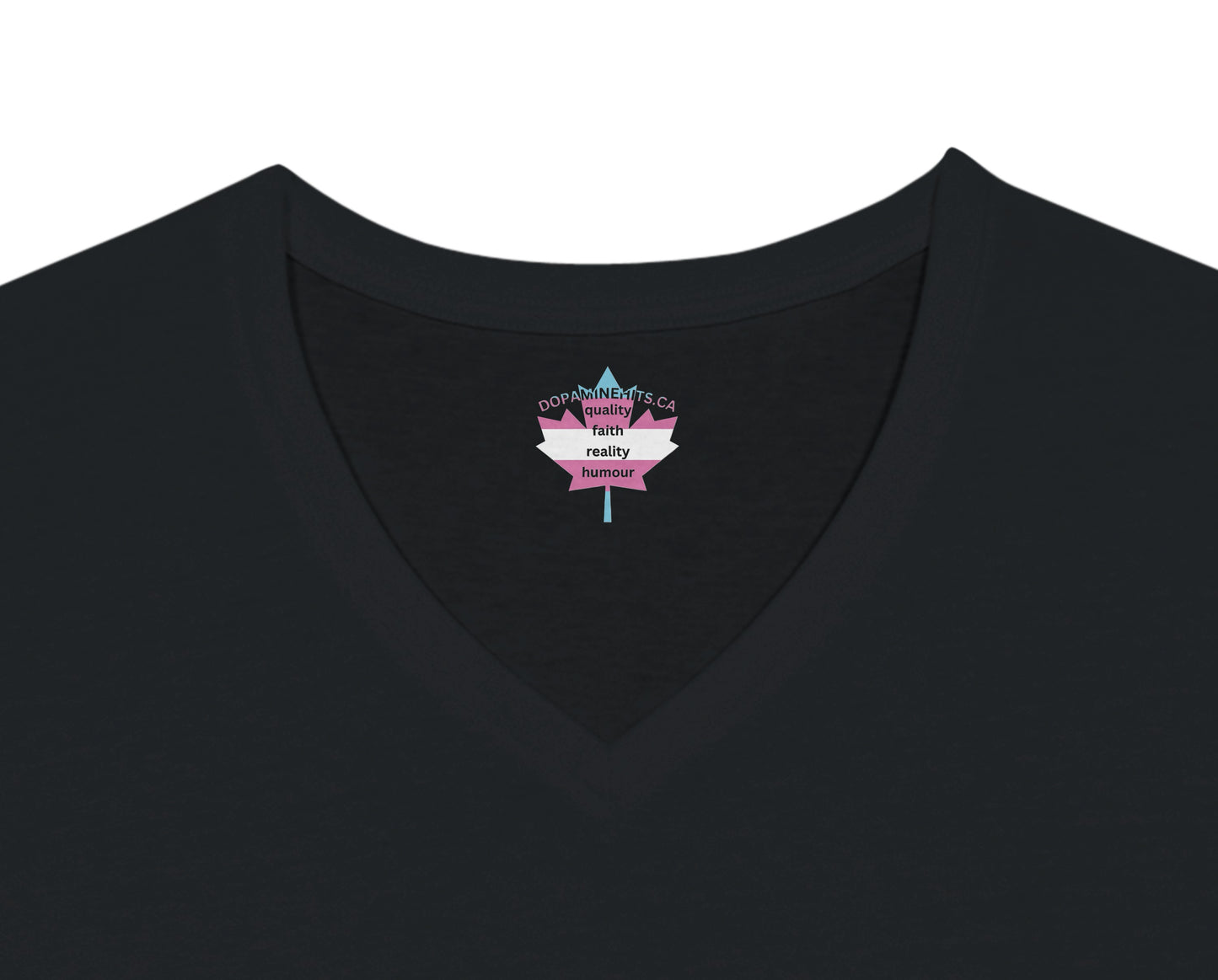 Black V-neck shirt with a pink and blue graphic on a white background