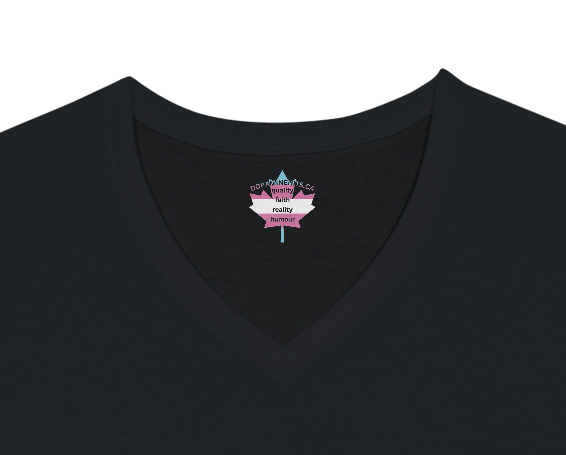 Black V-neck shirt with a pink and blue graphic on a white background