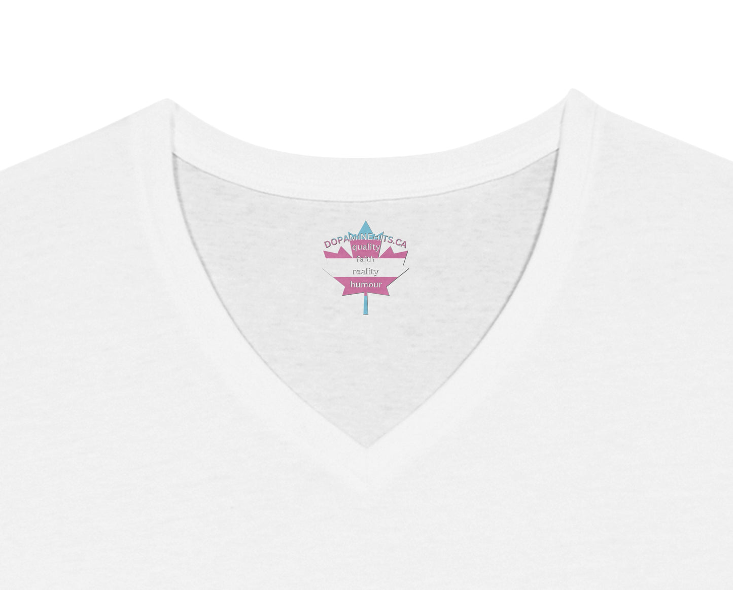 White t-shirt with a small logo on the chest against a white background