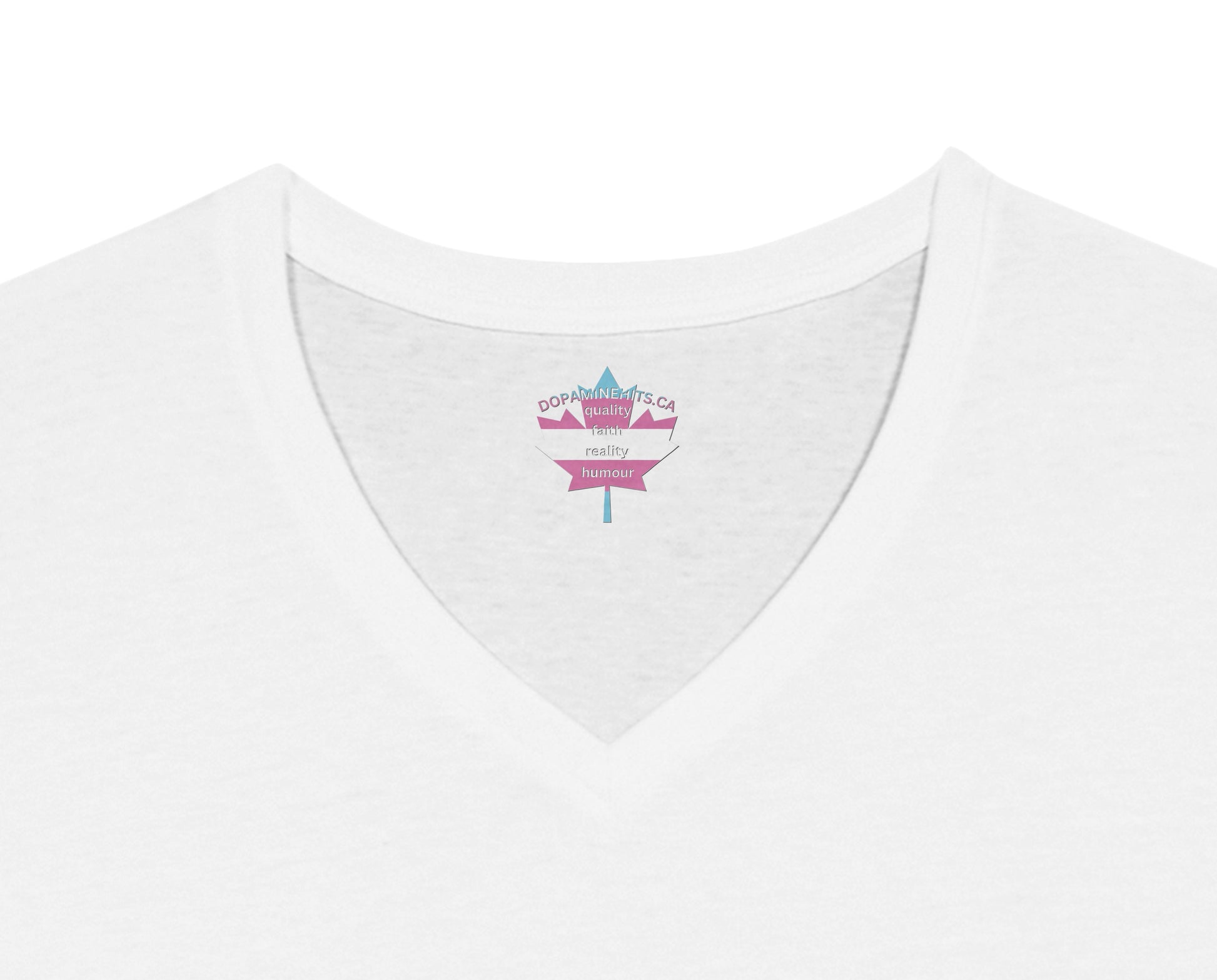 White t-shirt with a small logo on the chest against a white background