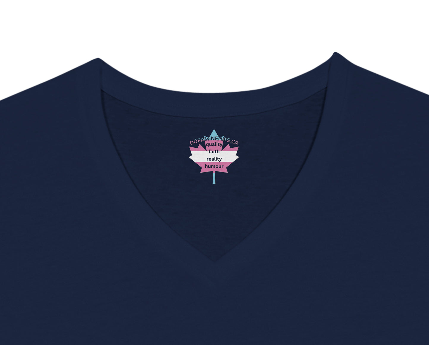 Navy blue shirt with a pink and white graphic on a white background