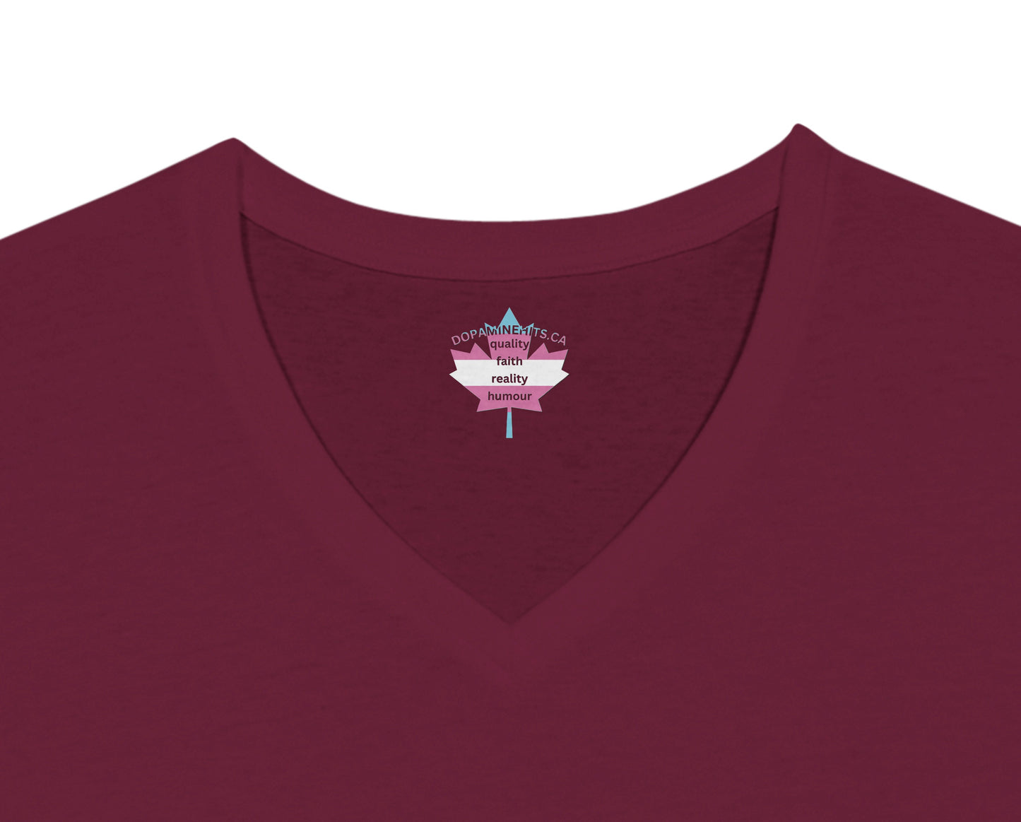 Maroon shirt with a pink and white logo on a white background