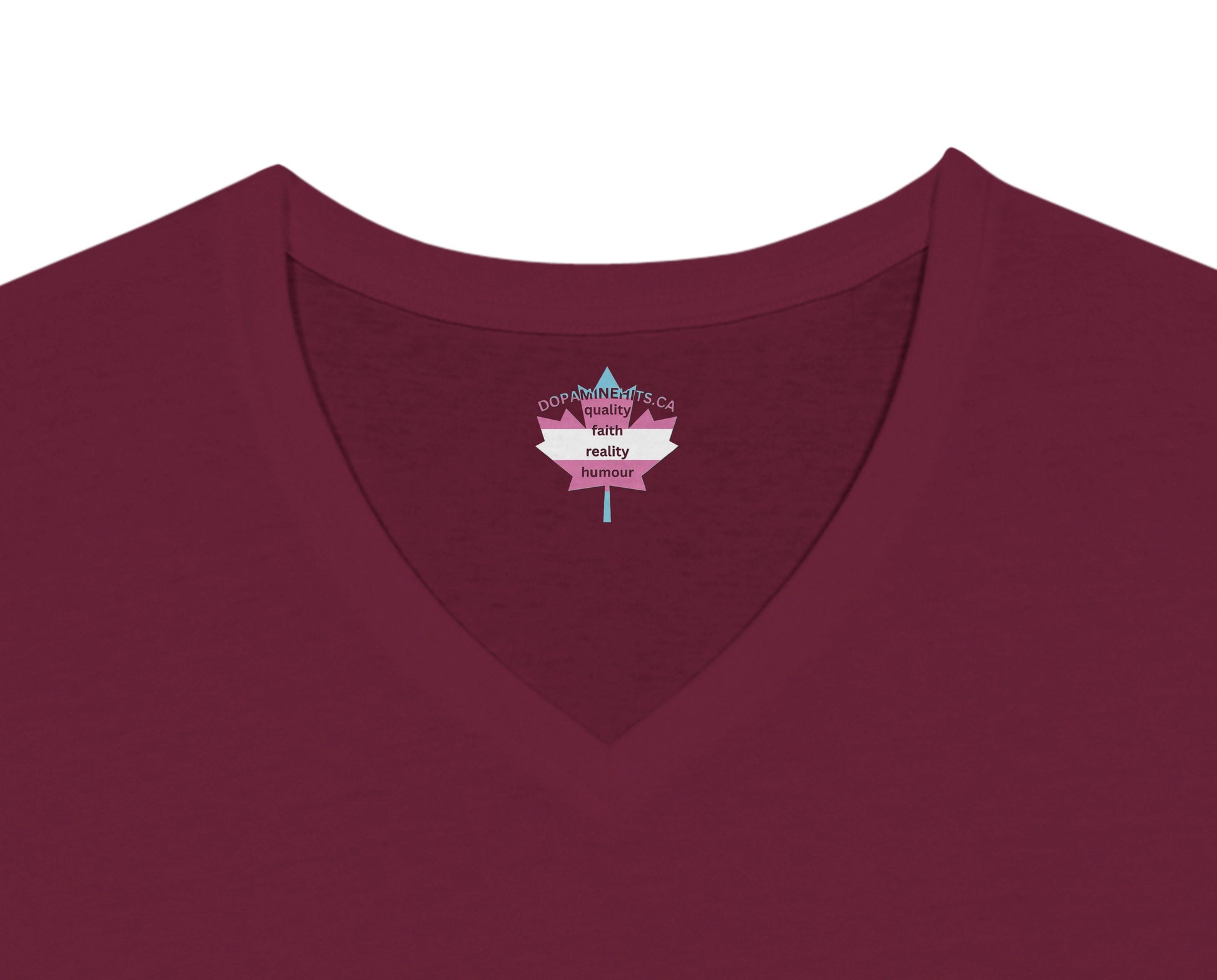 Maroon shirt with a pink and white logo on a white background